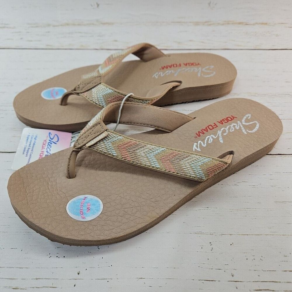Skechers Meditation Sunny Days Size 10‎ Woven Flip Flop Sandals Tan Yoga Foam